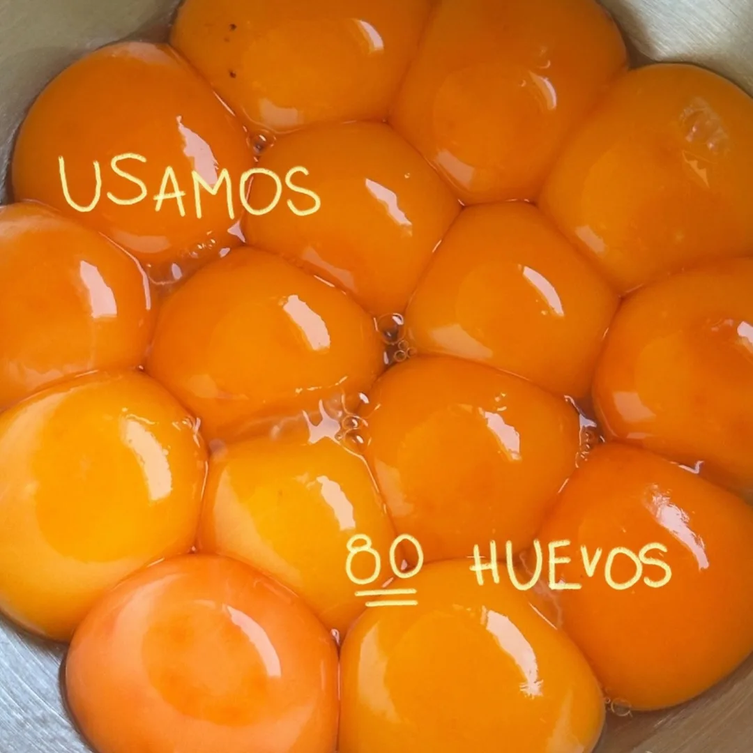 Un bol lleno de yemas de huevo, con «usamos 80 huevos» escrito a mano encima